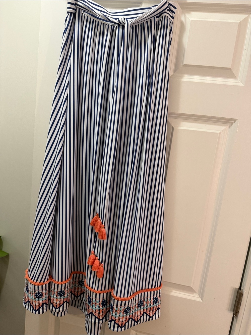 Cabana Life Navy and White Striped Maxi Skirt with Coral Tassels